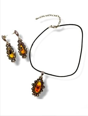 Vintage Mexico 925 Sterling Silver Amber Necklace & Earrings Set